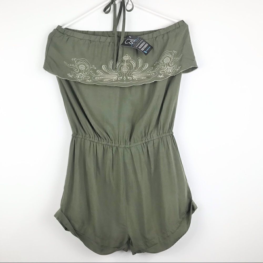 NEW Akualani Olive Green Sleeveless Halter Romper with Embroidery
